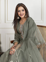 Floral Embroidered Thread Work Straight Kurta With Trouser & Dupatta