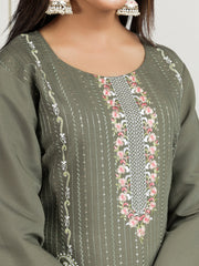 Floral Embroidered Thread Work Straight Kurta With Trouser & Dupatta