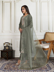 Floral Embroidered Thread Work Straight Kurta With Trouser & Dupatta