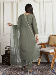Floral Embroidered Thread Work Straight Kurta With Trouser & Dupatta