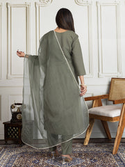 Floral Embroidered Thread Work Straight Kurta With Trouser & Dupatta