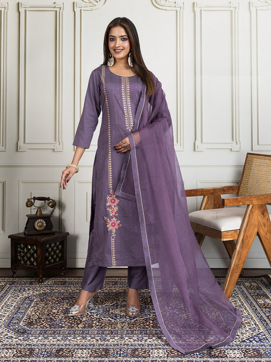 Floral Embroidered Round Neck Sequinned Kurta With Trouser & Dupatta