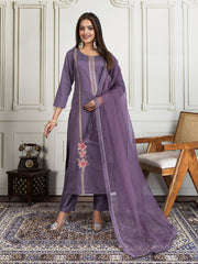 Floral Embroidered Round Neck Sequinned Kurta With Trouser & Dupatta