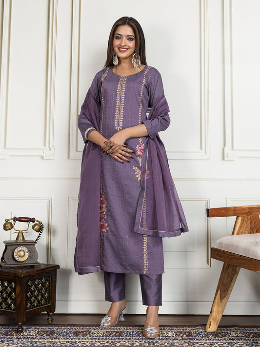 Floral Embroidered Round Neck Sequinned Kurta With Trouser & Dupatta