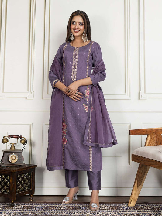 Floral Embroidered Round Neck Sequinned Kurta With Trouser & Dupatta