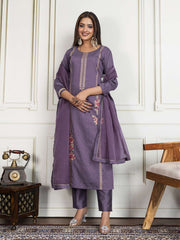 Floral Embroidered Round Neck Sequinned Kurta With Trouser & Dupatta