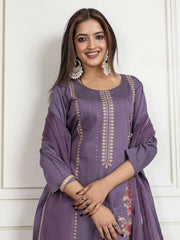 Floral Embroidered Round Neck Sequinned Kurta With Trouser & Dupatta
