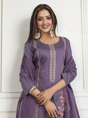 Floral Embroidered Round Neck Sequinned Kurta With Trouser & Dupatta