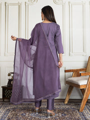 Floral Embroidered Round Neck Sequinned Kurta With Trouser & Dupatta