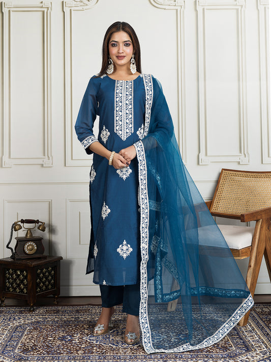 Floral Embroidered Chanderi Cotton Kurta With Trousers And Dupatta