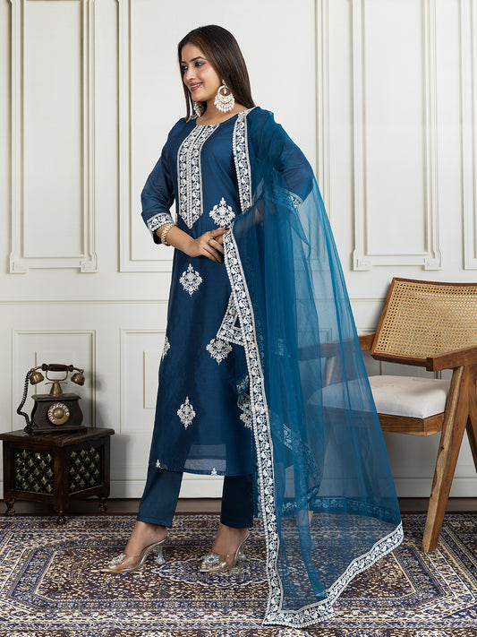 Floral Embroidered Chanderi Cotton Kurta With Trousers And Dupatta
