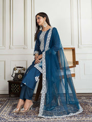 Floral Embroidered Chanderi Cotton Kurta With Trousers And Dupatta