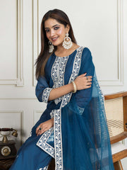 Floral Embroidered Chanderi Cotton Kurta With Trousers And Dupatta