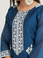Floral Embroidered Chanderi Cotton Kurta With Trousers And Dupatta