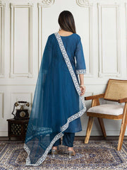 Floral Embroidered Chanderi Cotton Kurta With Trousers And Dupatta