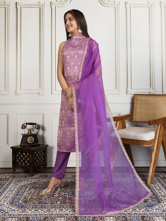 Ethnic Motifs Zari Woven Design Straight Kurta & Trousers With Dupatta