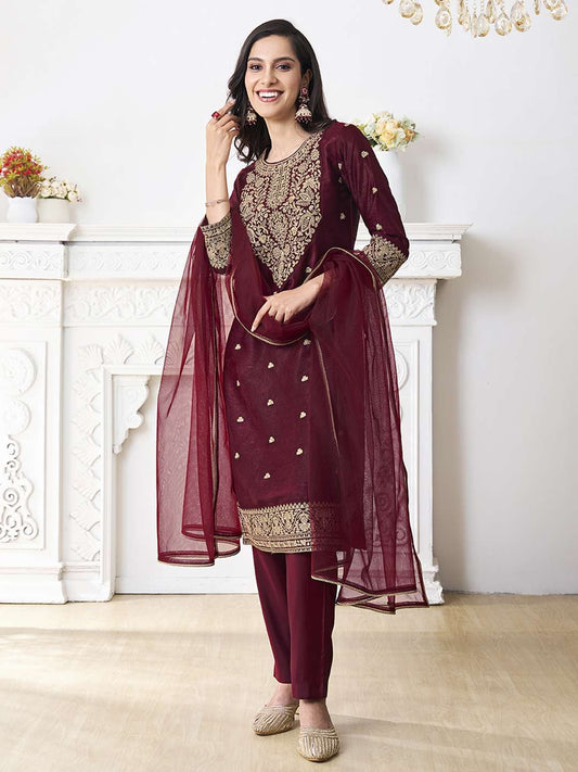Embroidered Kurta With Trouser & Dupatta