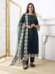 Embroidered Kurta With Trouser & Dupatta