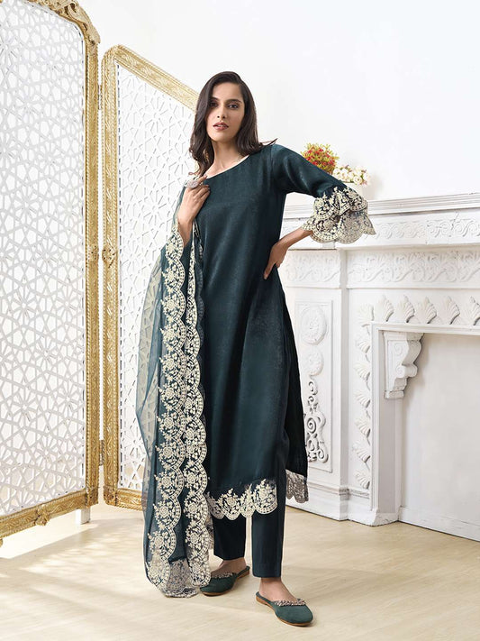 Embroidered Kurta With Trouser & Dupatta