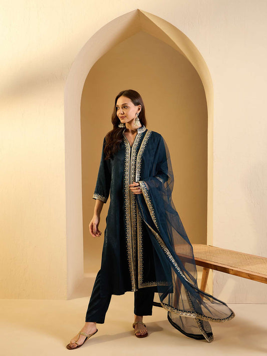 Embroidered Kurta With Trouser & Dupatta