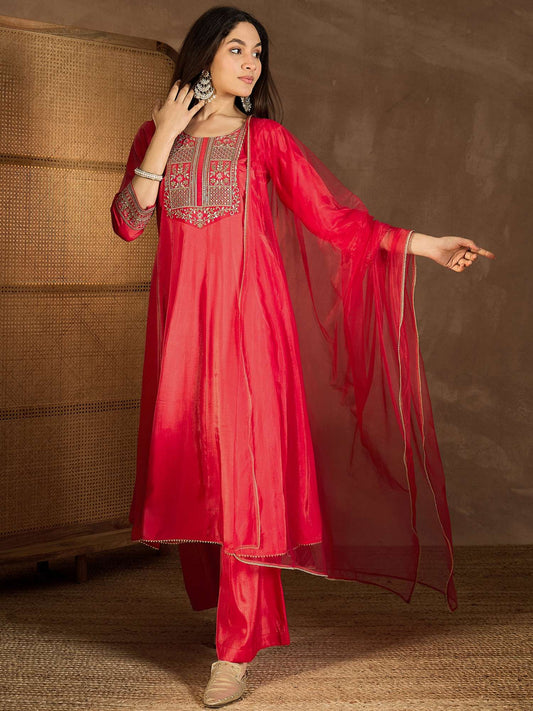Zari & Sequinned Embroidered Anarkali Kurta with Palazzos & Dupatta Set