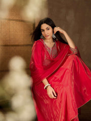 Zari & Sequinned Embroidered Anarkali Kurta with Palazzos & Dupatta Set