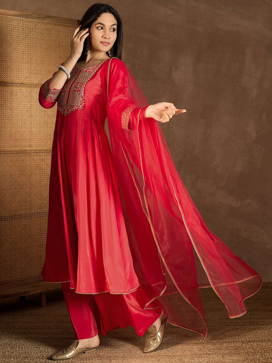Zari & Sequinned Embroidered Anarkali Kurta with Palazzos & Dupatta Set