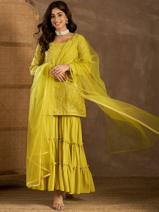 Embroidered Kurta With Sharara & Dupatta
