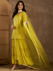 Embroidered Kurta With Sharara & Dupatta