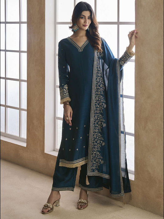 Embroidered Silk Blend V-Neck Kurta Trousers & Dupatta