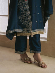 Embroidered Silk Blend V-Neck Kurta Trousers & Dupatta