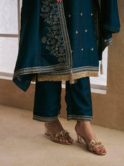 Embroidered Silk Blend V-Neck Kurta Trousers & Dupatta