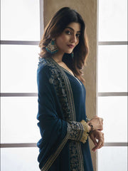 Embroidered Silk Blend V-Neck Kurta Trousers & Dupatta