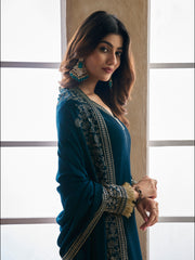 Embroidered Silk Blend V-Neck Kurta Trousers & Dupatta