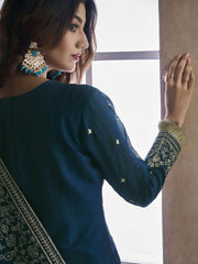 Embroidered Silk Blend V-Neck Kurta Trousers & Dupatta