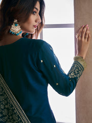 Embroidered Silk Blend V-Neck Kurta Trousers & Dupatta