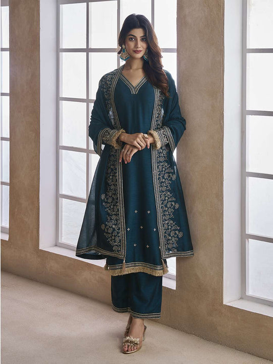 Embroidered Silk Blend V-Neck Kurta Trousers & Dupatta