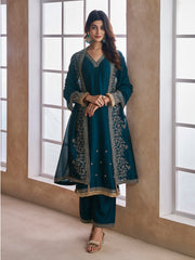 Embroidered Silk Blend V-Neck Kurta Trousers & Dupatta