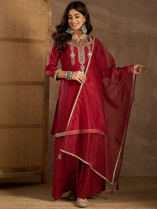Ethnic Motifs Embroidered Round Neck Kurta & Palazzos With Dupatta