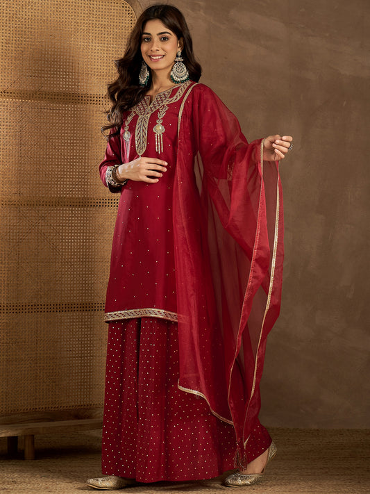 Ethnic Motifs Embroidered Round Neck Kurta & Palazzos With Dupatta