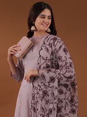 Embroidered Round Neck Kurta & Trousers With Dupatta