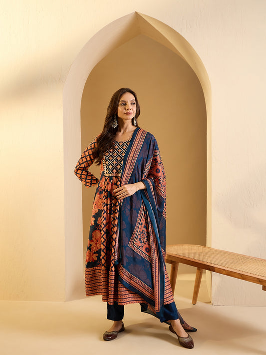 Floral Embroidered Round Neck Kurta & Trousers With Dupatta