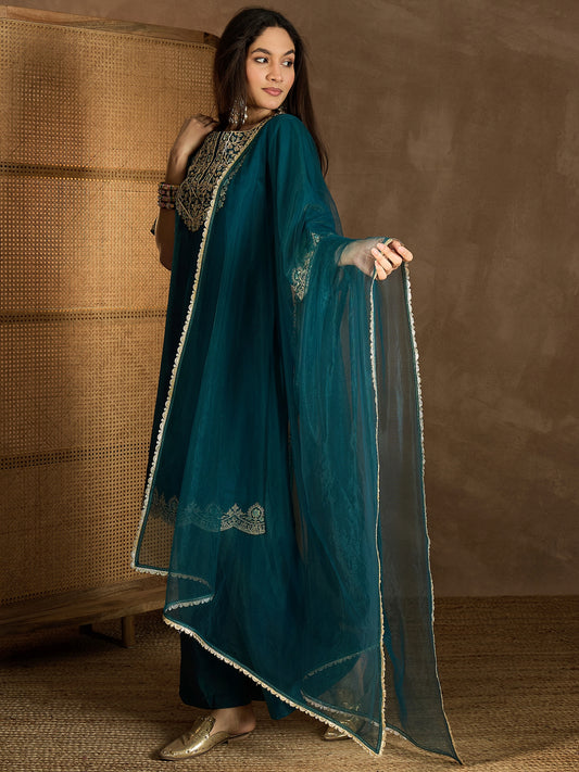 Floral Embroidered Round Neck Kurta & Trousers With Dupatta