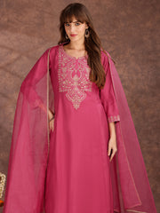 Floral Sequinned Embroidered Round Neck Kurta & Palazzos With Dupatta