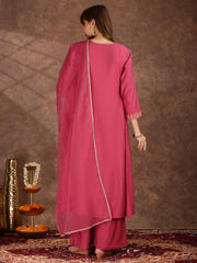 Floral Sequinned Embroidered Round Neck Kurta & Palazzos With Dupatta