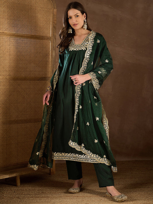 Floral Sequinned Embroidered Square Neck Kurta & Trousers With Dupatta