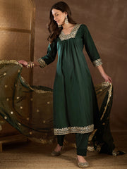 Floral Sequinned Embroidered Square Neck Kurta & Trousers With Dupatta