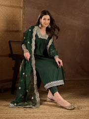 Floral Sequinned Embroidered Square Neck Kurta & Trousers With Dupatta