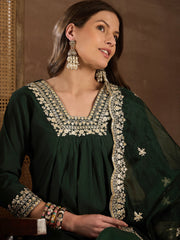 Floral Sequinned Embroidered Square Neck Kurta & Trousers With Dupatta