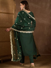 Floral Sequinned Embroidered Square Neck Kurta & Trousers With Dupatta